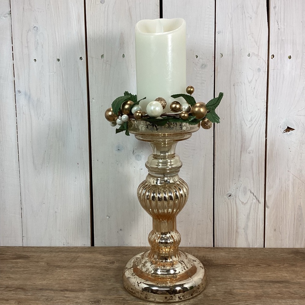 Gold Glass 10.5” Pillar Candleholder, Candle Ring and Flameless Wax Candle